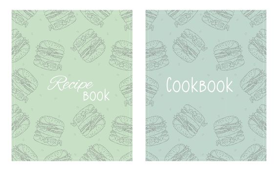 Cover page templates for Recipe books based on seamless patterns with hand-drawn burgers. Cookbook cover layout.