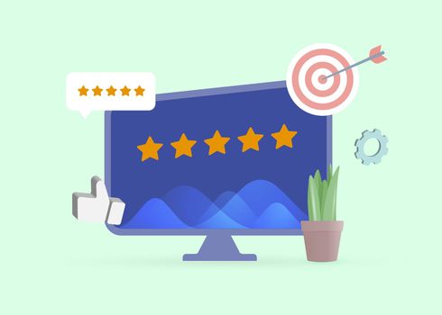 Giving Five Star Feedback, Customer Satisfaction Rating 3D vector, CSAT concept. Net Promoter Score, Customer Effort Score, Review and recommendations flat vector icon