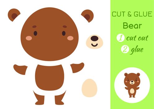Cut and glue paper little bear. Kids crafts activity page. Educational game for preschool children. DIY worksheet. Kids art game and activities jigsaw. Vector stock illustration