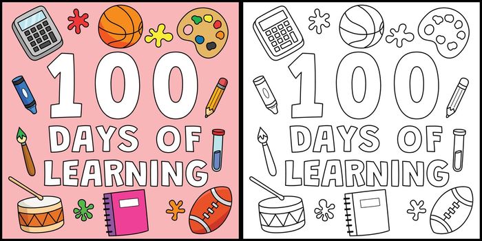 100th Day Of School Learning Coloring Illustration