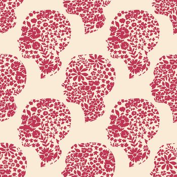 Viva Magenta Profile of a woman made of flowers seamless pattern. Color of the year 2023.