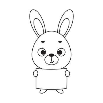 Coloring page cute little hare holds paper sheet. Coloring book for kids. Educational activity for preschool years kids and toddlers with cute animal. Vector stock illustration