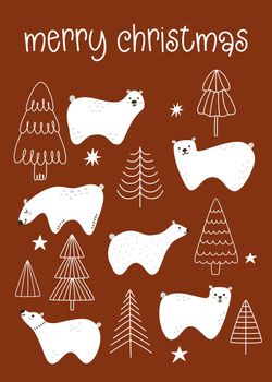 Vector cute postcard or poster for Merry Christmas with trees and bears