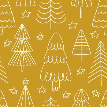 Hand-drawn outline Christmas trees on a yellow background