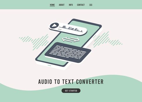 Audio to text converter concept. Transcribe voice audio messages to plain text. Online speech-to-text convert flat design vector e-commerce landing page template