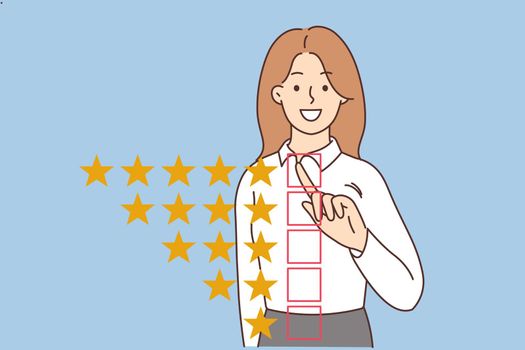 Smiling woman give five star feedback