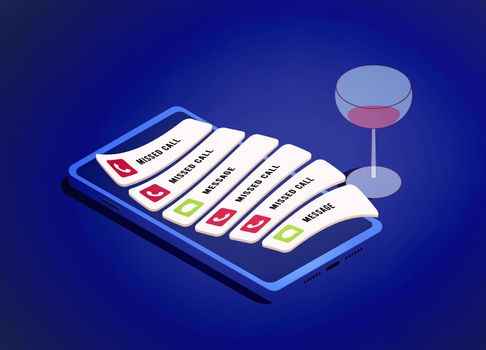 Missed notifications from calls and missed messages in instant messengers. Friday night or end of the day with a glass of alcohol and smartphone with floating missed messages from work or home
