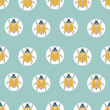 Cute yellow bugs in geometric circles on a turquoise art deco background