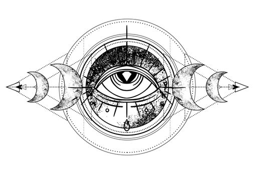 Eye of Providence. Masonic symbol. All seeing eye inside triple moon pagan Wicca moon goddess symbol. Vector illustration. Tattoo, astrology, alchemy, boho and magic symbol.