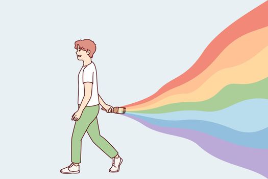 Young guy walks leaving behind rainbow symbolizes carelessness and positive attitude. Vector image