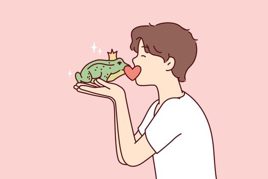 Guy kisses frog princess with crown on head, wishing that animal turned into girl. Vector image