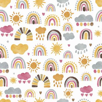 Kids Whimsical boho rainbow pattern with modern pastel rainbows, sun and clouds. Baby boho background vector seamles pattern.