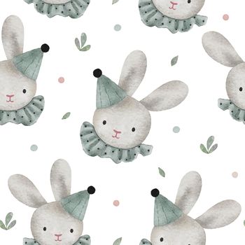Watercolor vector Baby shower seamless pattern plush toy bunny. Toys and green leaves.