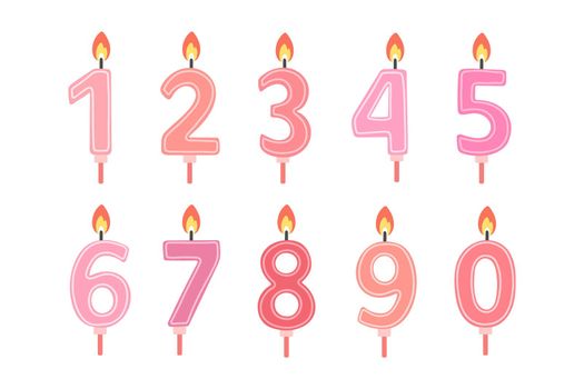Set of Happy Birthday candle numbers. Pink color. Vector flat design