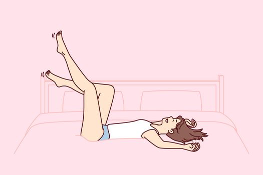 Carefree girl in tank top and shorts falls on bed rejoicing at opportunity to relax. Vector image