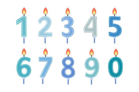 Set of Happy Birthday candle numbers. Blue color. Vector flat design