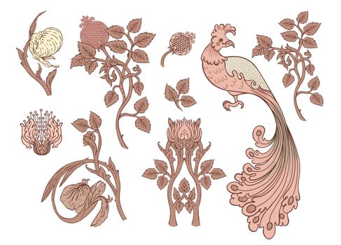 Nature vintage elements. Vintage Flowers and bird. Arts and Crafts movement. Vector design elements. Isolated on white.