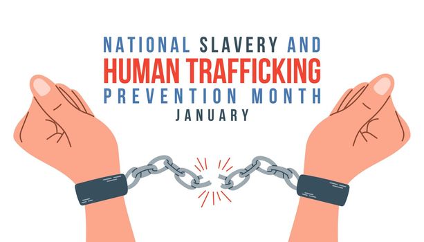 National slavery and human trafficking prevention month concept. Banner with hands in ropes handcuffs and text.