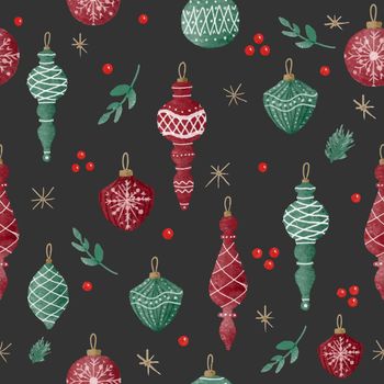 Seamless pattern with Christmas symbol holly leaves, Christmas tree with cones, stars and balls.