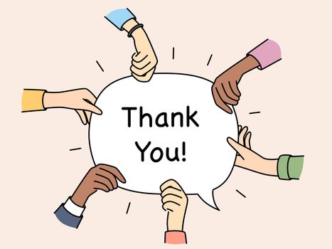 Diverse hands hold speech bubble with thank you