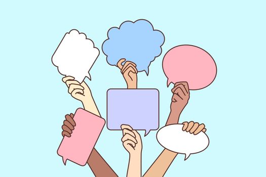 Diverse people hands holding speech bubbles expressing feedback or opinion. Men and women demonstrate talk balloons show choice. Vector illustration.