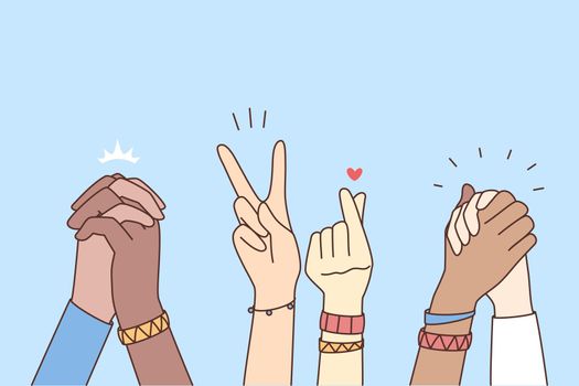 Closeup of diverse multiethnic people hold hands show unity. Interracial men and women showing gestures demonstrate community spirit and togetherness. Vector illustration.