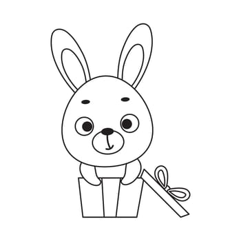 Coloring page cute little hare sitting in gift box. Coloring book for kids. Educational activity for preschool years kids and toddlers with cute animal. Vector stock illustration