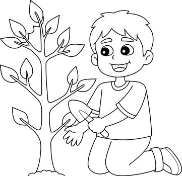 Boy Planting Trees Isolated Coloring Page