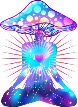 Magic person with mushroom head in yoga lotus position. Psychedelic hallucination. Vibrant vector illustration. 60s hippie colorful art.