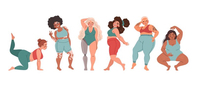 Body-positive women collection. Vector illustration of pretty women of diverse ethnicities, and body types, in underwear