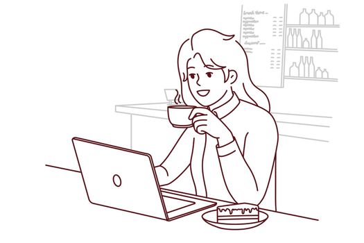 Smiling woman drink coffee work on laptop in cafe