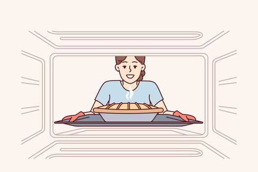 Woman housewife takes ready-made pie out of oven to please family with delicious treat. Vector image