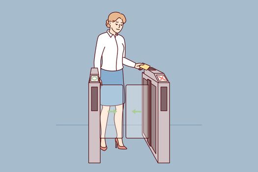 Business woman applying pass to go through turnstile at entrance to office. Vector image