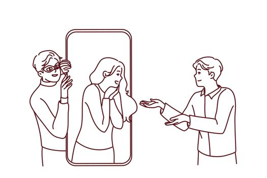 People talking online on dating app on smartphone with hacker steal personal data. Man and woman chat on web application on cellphone. Vector illustration.