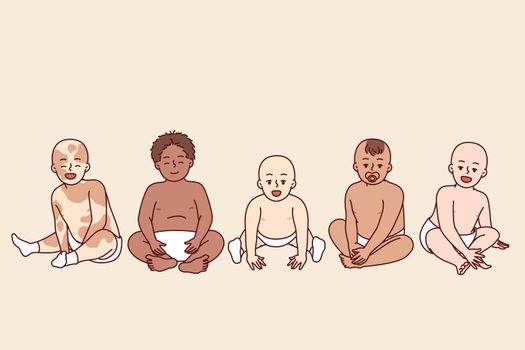 Diverse babies in diapers of different races and nationalities sit side by side. Vector image