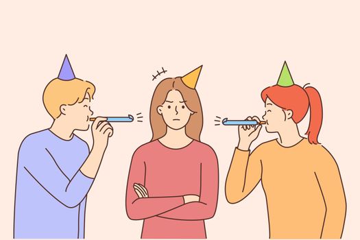 Joyful people blow in whistles congratulate unhappy girl with birthday. Upset angry woman in birthday hat distressed with friends greeting her. Vector illustration.