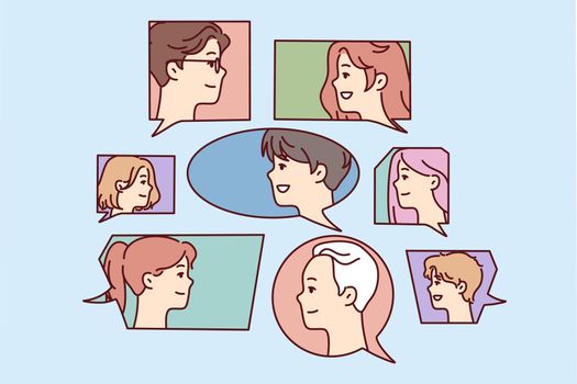 Faces of men and women in speech bubbles symbolize public discussion or brainstorming. Vector image