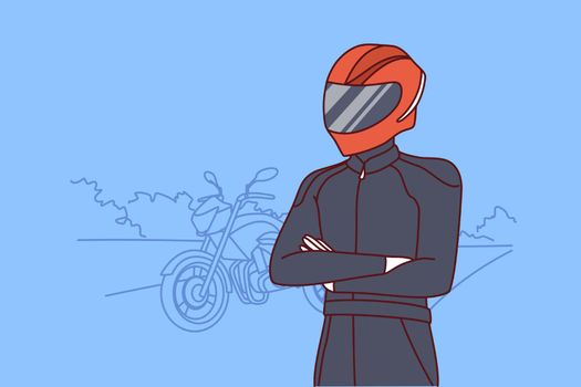 Biker in clothes for professional riding motorcycle and helmet covering face and eyes. Vector image