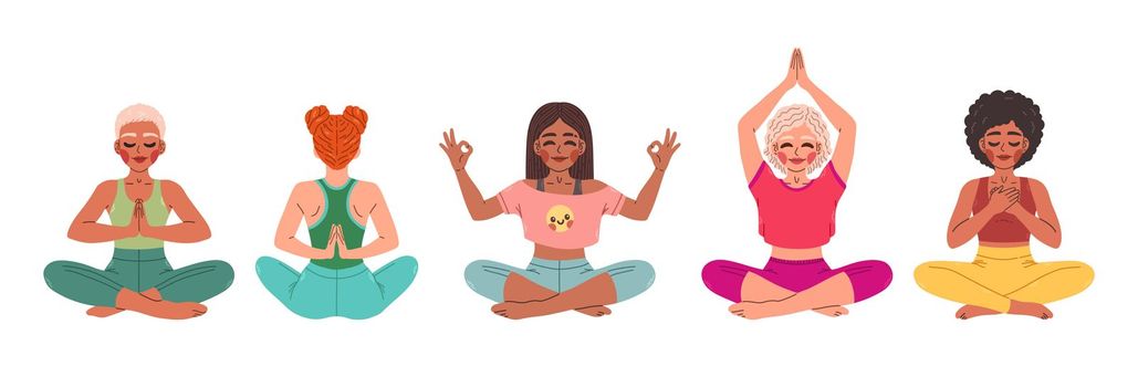 Set of young women sitting in yoga lotus pose. Meditating girl illustration. Yoga woman, meditation, anti-stress