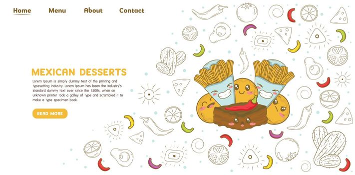 Mexican desserts donut churros and chili brownie landing page website template with doodle cartoon elements