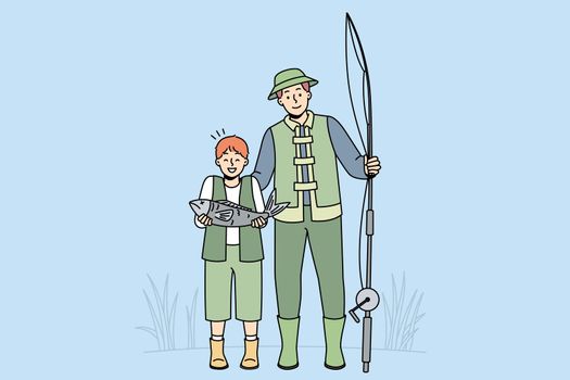 Smiling father and little son in special khaki costumes posing with fish. Happy dad and child excited with catch after fishing together. Hobby. Vector illustration.