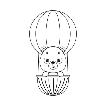 Coloring page cute little bear flying on hot air balloon. Coloring book for kids. Educational activity for preschool years kids and toddlers with cute animal. Vector stock illustration