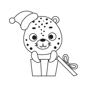 Coloring page cute little cheetah sitting in gift box. Coloring book for kids. Educational activity for preschool years kids and toddlers with cute animal. Vector stock illustration