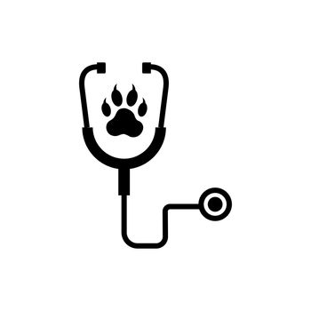 Stethoscope silhouette with animal paw print symbol. Veterinary medicine logo, isolated vector illustration.