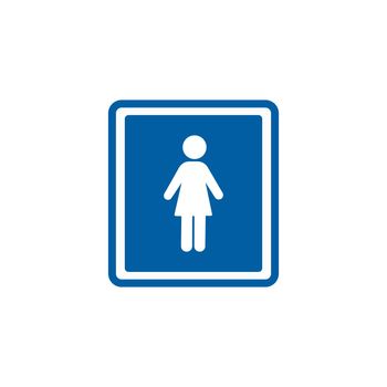 Vector women s restroom sign. White woman icon on blue square background with white border and rounded edges.