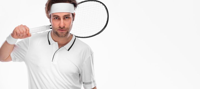 Tennis player on a white background. Sports betting app ad. Download a photo for advertising tennis in a magazine, in the news on the website, on the billboard in social networks.
