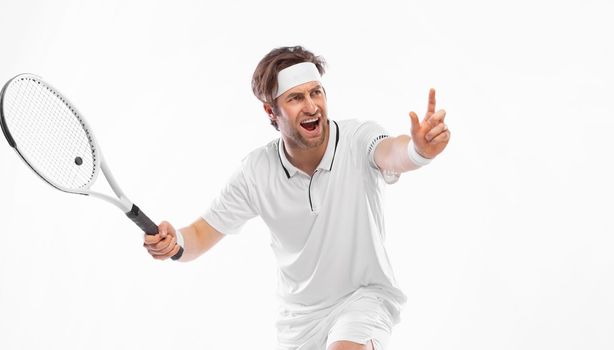 Tennis player on a white background. Sports betting app ad. Download a photo for advertising tennis in a magazine, in the news on the website, on the billboard in social networks.