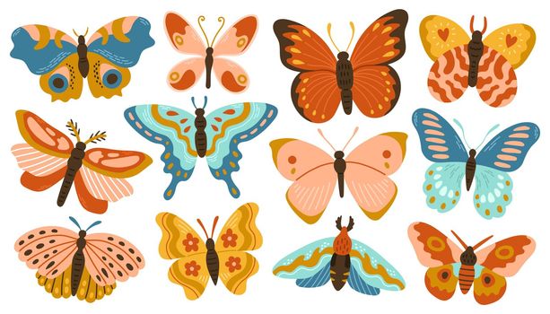 Butterflies and moths collection with abstract decorative modern design, vector isolated on white