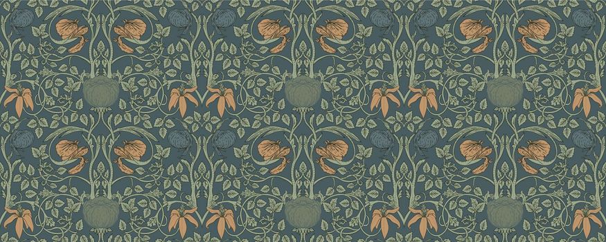 Floral vintage seamless pattern for retro wallpapers. Enchanted Vintage Flowers. Arts and Crafts movement inspired. Design for wrapping paper, wallpaper, fabrics