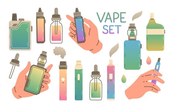Vape shop colorful set. Electronic cigarettes and vape set. Modern vector illustration